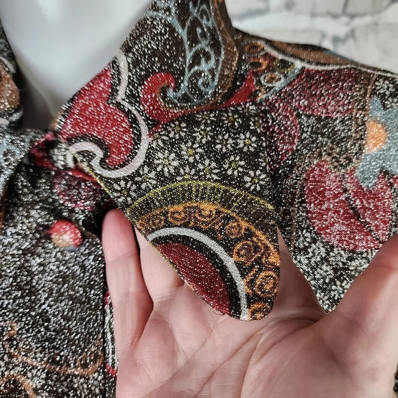 Vintage 1970s Mod Button Front Blouse Swirly Pattern Shimmer Black Brown No Size - Picture 5 of 15